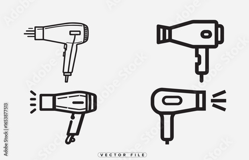 Four Different Views Of A Hair Dryer In Simple Line Art Style