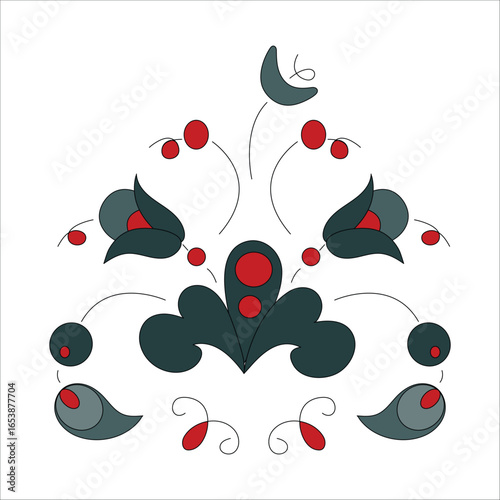 Vector flower arrangement of bushes, flowers, berries, floral elements in folk style.