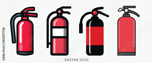 Four different types of red fire extinguishers on a white background