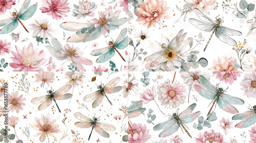 Elegant watercolor illustration featuring dragonflies, lotus, and daisies on a clean white background. Perfect for textile, wallpaper, or stationery design in soft pastel tones.