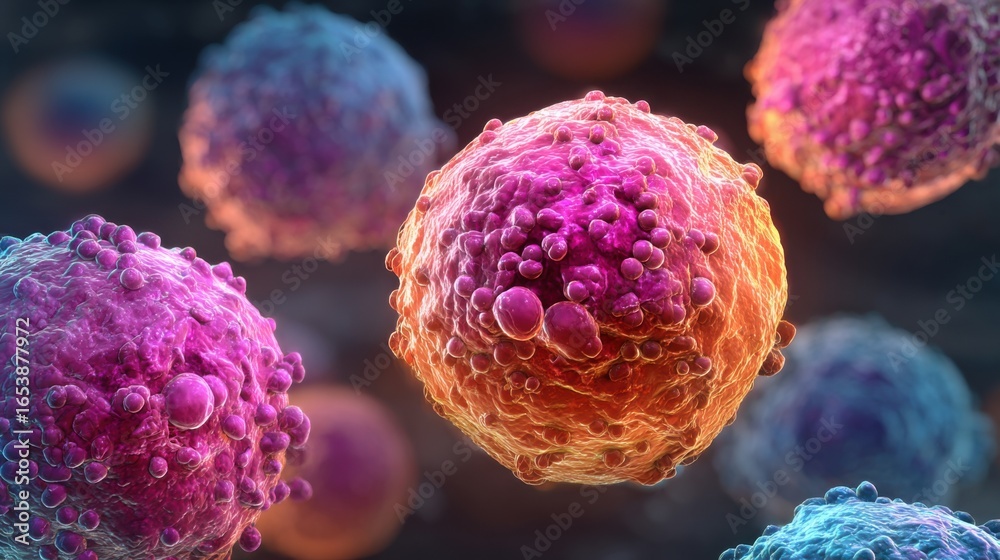 Fototapeta premium A bunch of colorful cells with a pink and orange center. The pink and orange cells are surrounded by other cells that are purple and blue