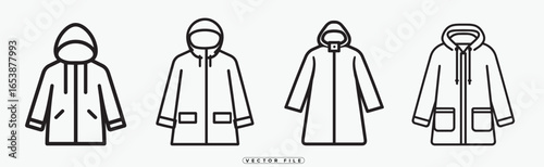 Four different styles of hooded coats with various designs and features shown