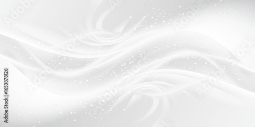 Monochrome abstract waves with snowfall particles and soft gradients in grayscale, ideal for modern design and backgrounds.