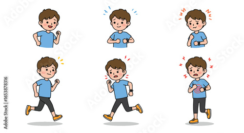 Cartoon Boy Running and Experiencing Physical Symptoms During Exercise.