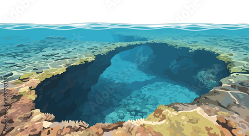 Ocean Cliff Panoramic View Pixel Art in Blue Shades With Rocky Texture