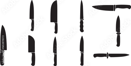Ten Black Silhouette Kitchen Knives Arranged in a Grid on White Background knife cutlery
