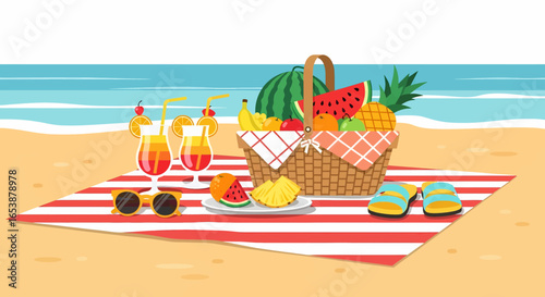 Summer Beach Picnic Illustration with Tropical Fruits and Drinks