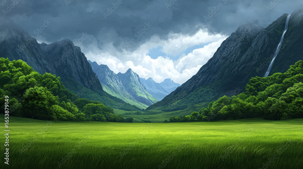 Fototapeta premium Serene Mountain Landscape with Lush Green Meadow and Dramatic Clouds Over Hills in a Captivating Natural Setting