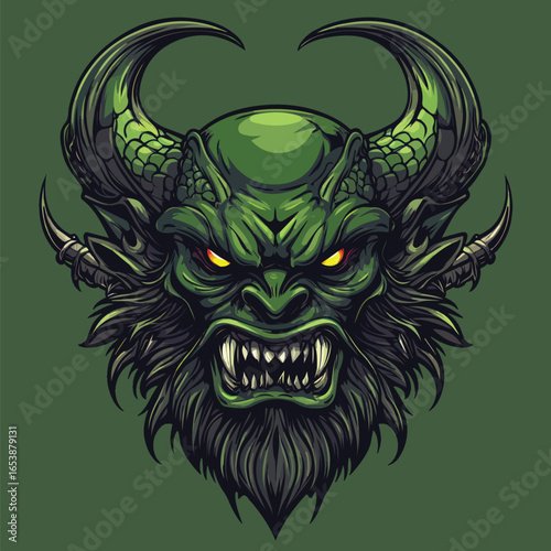  Green Horned Beast Head Illustration | Menacing Fantasy Creature Vector Art