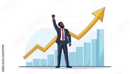 Successful Businessman Raising Fist with Upward Arrow Graph Symbolizing Growth and Achievement