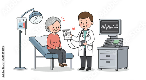 Doctor Consulting Elderly Patient in Clinic Examination Room.