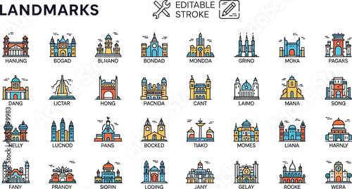 Vector landmarks and travel destinations icons set with editable stroke design