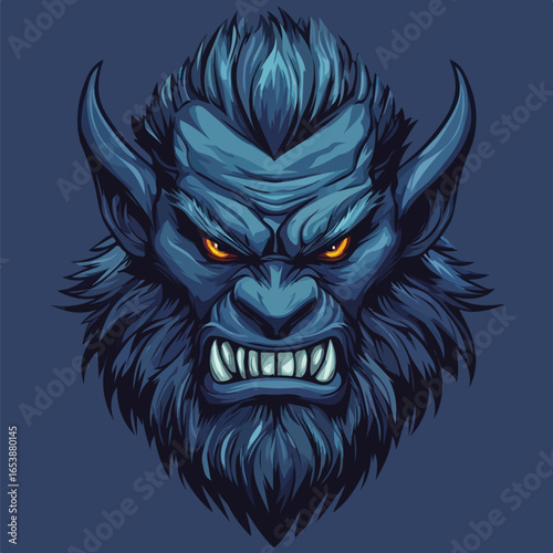 Blue Horned Beast Head Illustration | Menacing Fantasy Creature Vector Art