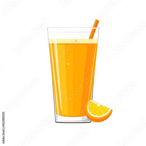 Refreshing Orange Juice in a Clear Glass with Straw and Slice Isolated on White Background