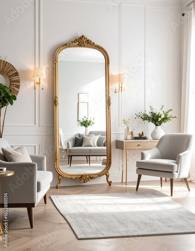 Gold ornate mirror in living room interior