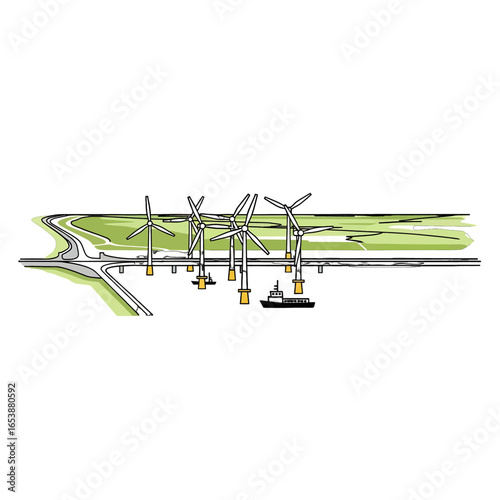 Offshore Wind Farm with Turbines and Boat on the Water Featuring Green Shoreline in a Flat Vector Illustration