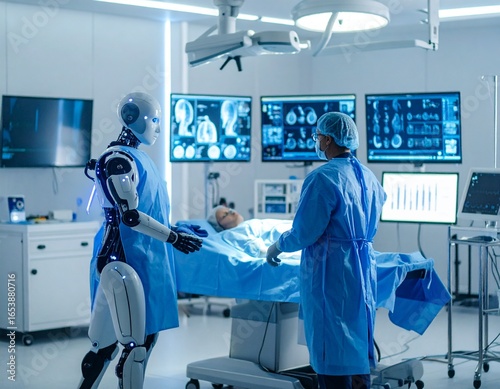 Advanced medical robot assisting doctor during futuristic high-tech surgery.