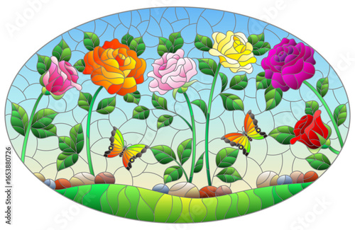 A stained glass illustration with bright roses, and butterflies on a meadow and sky background