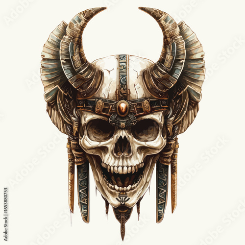 Golden Horned Skull Illustration | Ornate Gothic Fantasy Vector Art