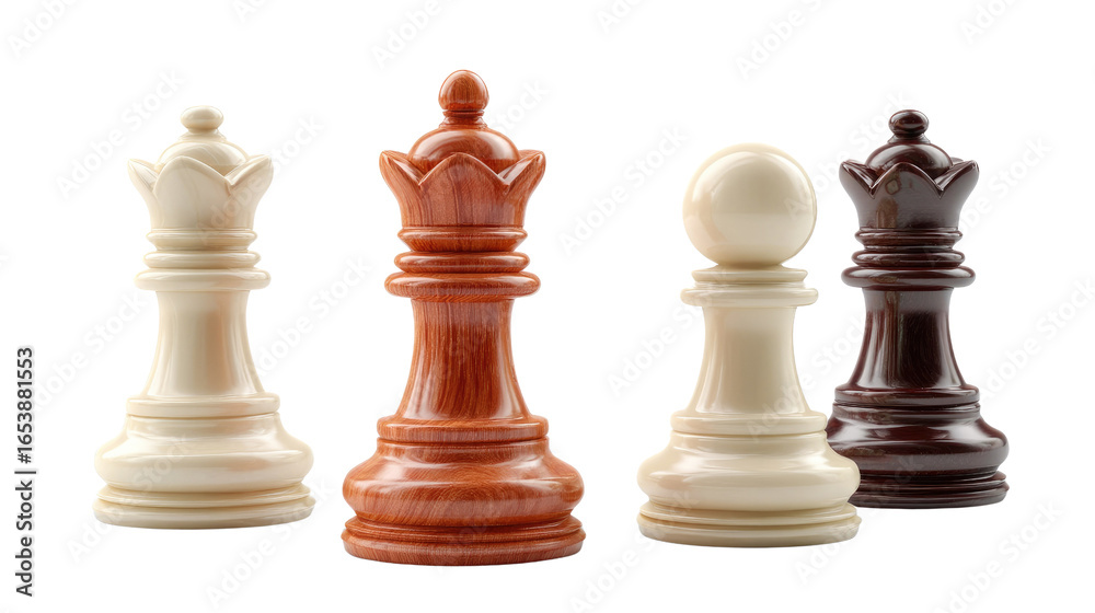 Chess Pieces Quartet: A strategic still-life captures the elegance of chess, with a quartet of meticulously carved pieces poised in readiness. Chess Pieces Quartet: A strategic still-life captures the elegance of chess, with a quartet of meticulously carved pieces poised in readiness.