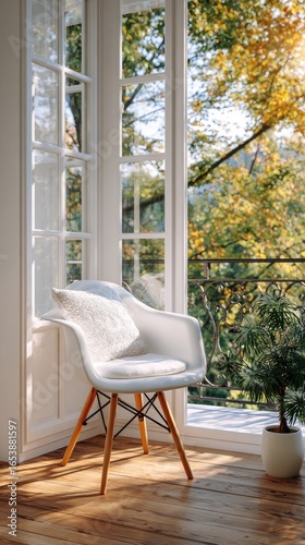 White chair by window, autumn view