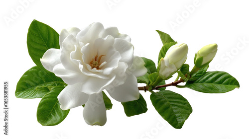 Gardenia Bloom in Delight: A pristine gardenia flower unveils its intricate petals and releases its delicate perfume, with fresh green leaves enhancing the delicate bloom's purity. 