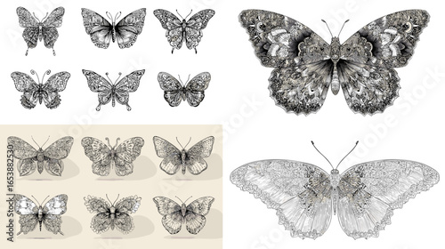 Detailed vintage butterfly engraving illustrations in monochrome style. Ideal for antique prints, botanical posters, educational charts, and entomology-inspired retro design projects.