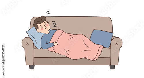 Tired Man Resting on Sofa with Blanket.
