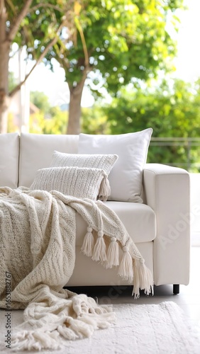 Cozy white sofa with throws and pillows