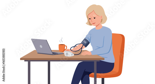 Woman Monitoring Blood Pressure at Home with Laptop.