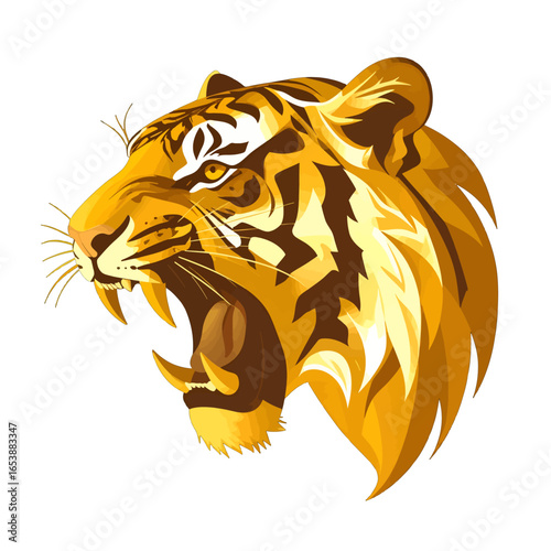 Detailed Graphic Portrait of a Golden Tiger Isolated on White Roaring Aggressively with Visible Teeth and Stripes in a Decorative Illustration