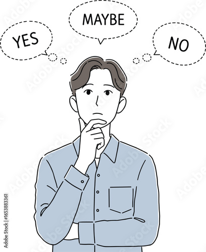 Young man contemplating decision, thinking about yes, maybe, or no, unsure choice, decision-making concept, uncertainty, hesitation, mental dilemma, decision process, thinking hard
