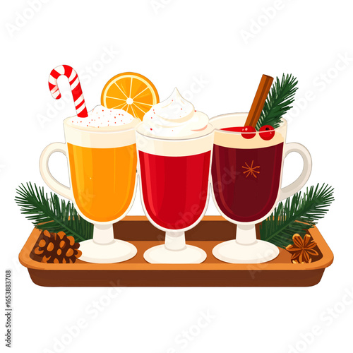 Three Festive Christmas Drinks on Wooden Tray with Fir Sprigs and Candy Canes for Holiday Season