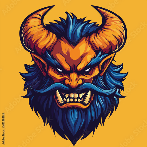  Fiery Blue Horned Demon Head Illustration | Aggressive Fantasy Beast Vector