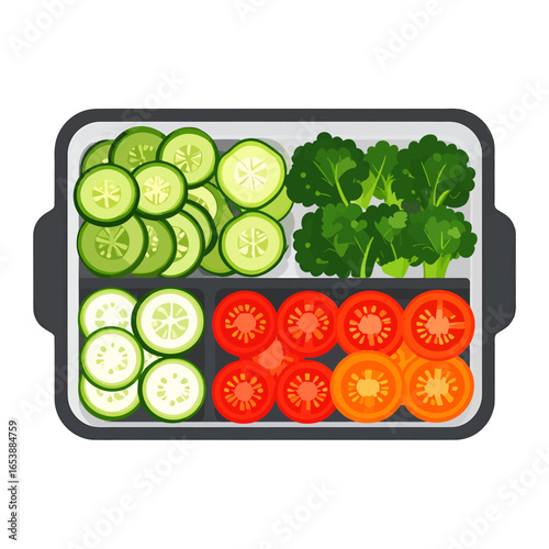 Overhead View of Pixelated Vegetables on Sectioned Tray including Green Cucumbers Broccoli and Red Tomatoes for Healthy Eating