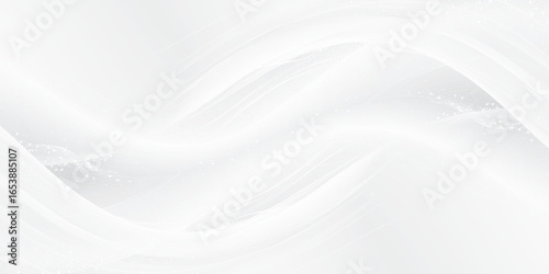 Abstract design with smooth, flowing white waves and a subtle scattering of small white dots on a light gray background.	

