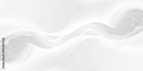 Abstract design with smooth, flowing white waves and a subtle scattering of small white dots on a light gray background.	
