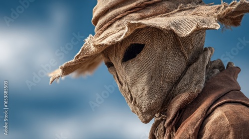 Mysterious scarecrow with burlap mask against a blurred sky background