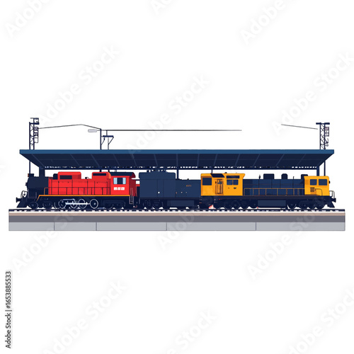 Pixel Art Depicting a Vibrant Red and Yellow Train at a Station with Blue Overhang on a Platform