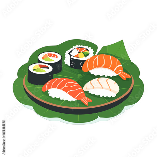 Pixel Art Sushi Assortment Featuring Salmon Avocado and Rice on Decorative Green Leaves White Background
