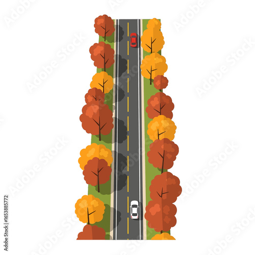 Aerial Pixel Art View of Red and White Cars Driving on Asphalt Road Lined With Autumn Trees Under Bright Daylight