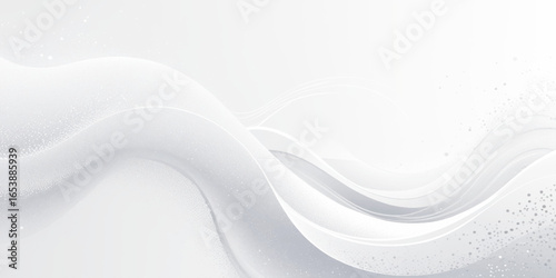 Abstract design with smooth, flowing white waves and a subtle scattering of small white dots on a light gray background.	
