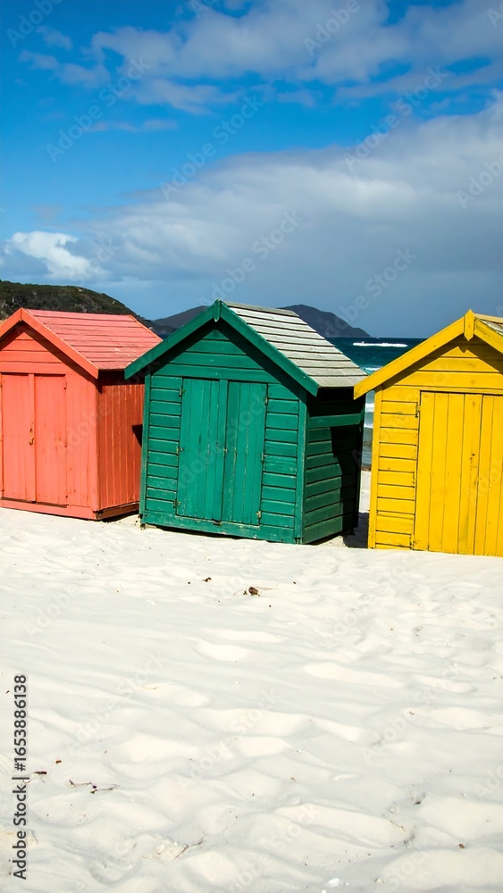 Fototapeta premium Colorful beach huts on a pristine white sand beach under a vibrant blue sky