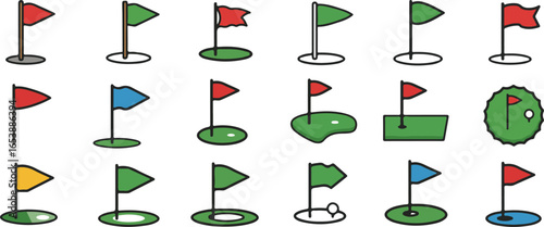 Variety of Golf Flag and Hole Icons with Different Colors and Styles course