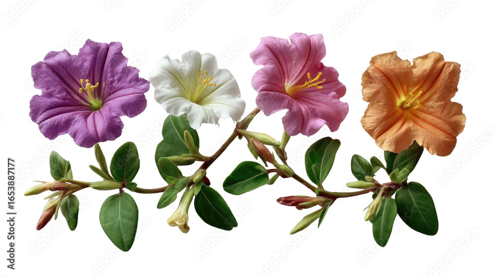 Fototapeta premium Vibrant Blooms Array: A meticulously captured collection of blossoms in a row, revealing the delicate intricacies of their petals, leaves, and stem, embodying nature's elegance.