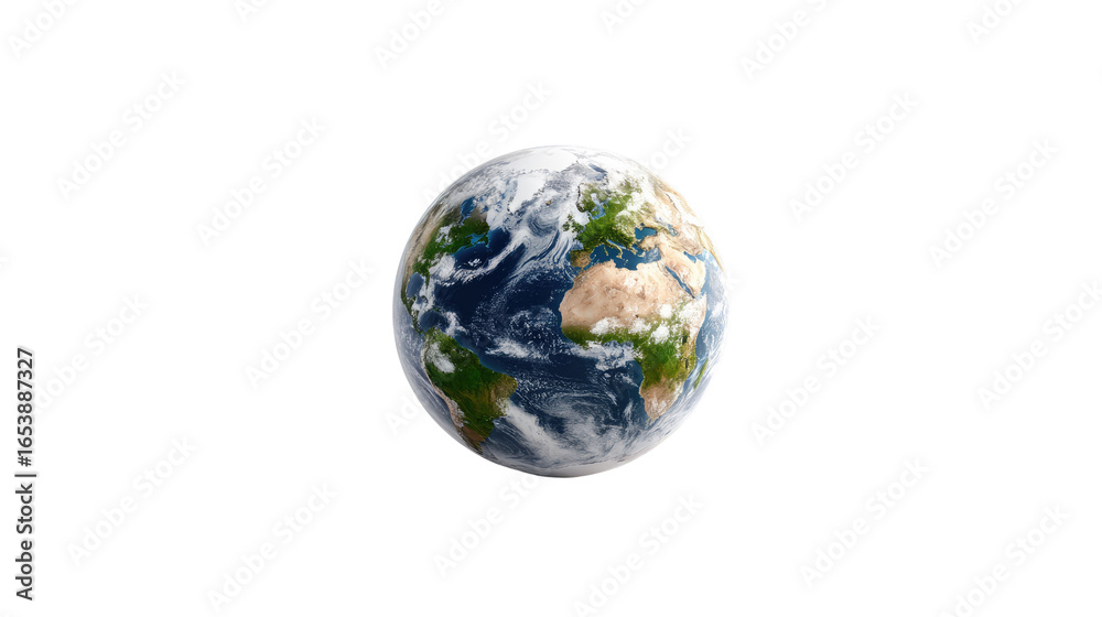 Fototapeta premium World Sphere: A realistic depiction of Earth, showcasing its diverse continents, swirling clouds, and vast oceans against a backdrop of space.