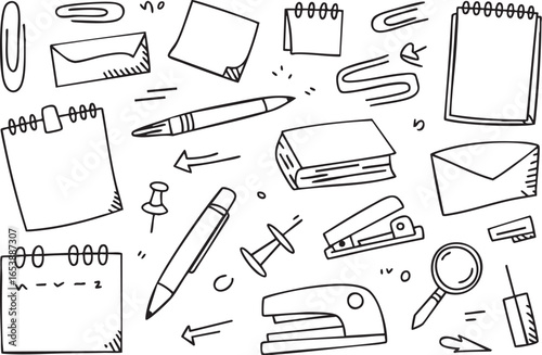 Doodle style illustration of office supplies including paperclips and staplers on white background