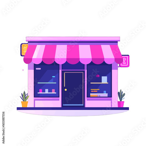 Charming Pink and Purple Storefront Featuring a Striped Awning Display Windows and Decorative Plants in a Modern Flat Design