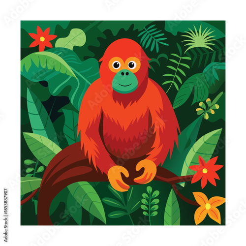 Orangutan perched on a branch in a lush jungle primate