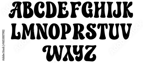 Complete alphabet in a groovy, retro, decorative font, isolated on a transparent background, showcasing a unique and artistic typographic style for creative design projects